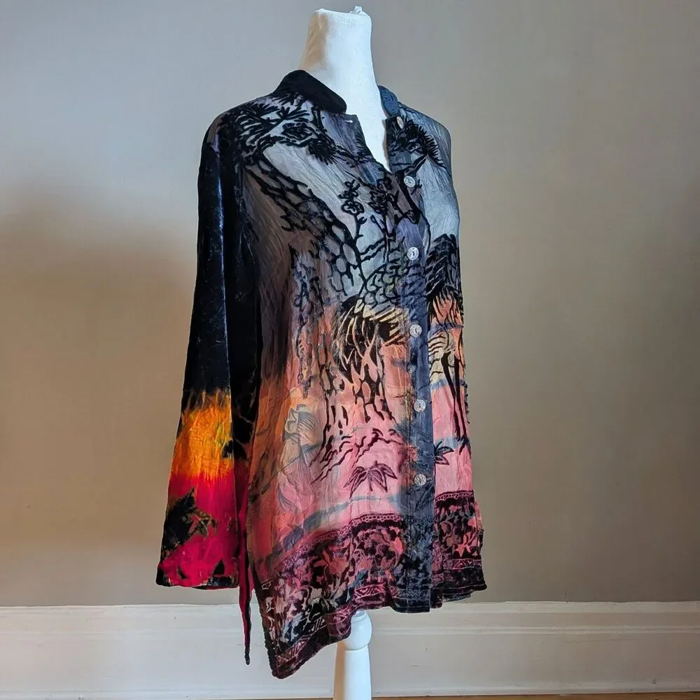 Vintage Y2K Citron Velvet Burnout Top Button Front Tie Dye Whimsygoth Size XL